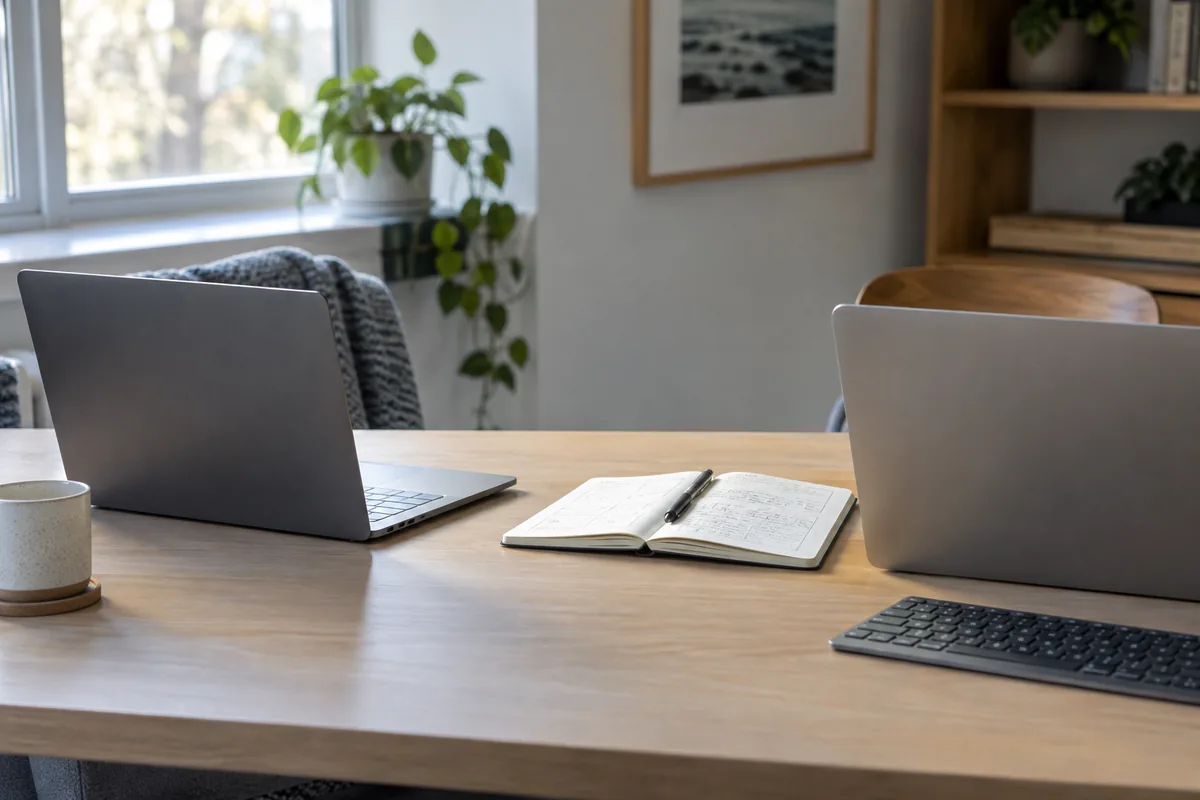 Two laptops and a notebook on the same work desk
