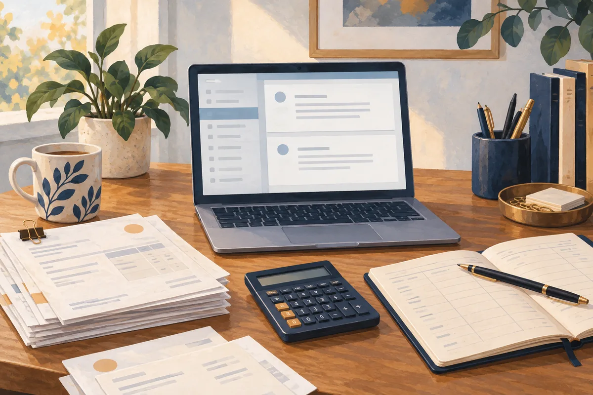 Illustrated accountant desk with a laptop, calculator and organised records