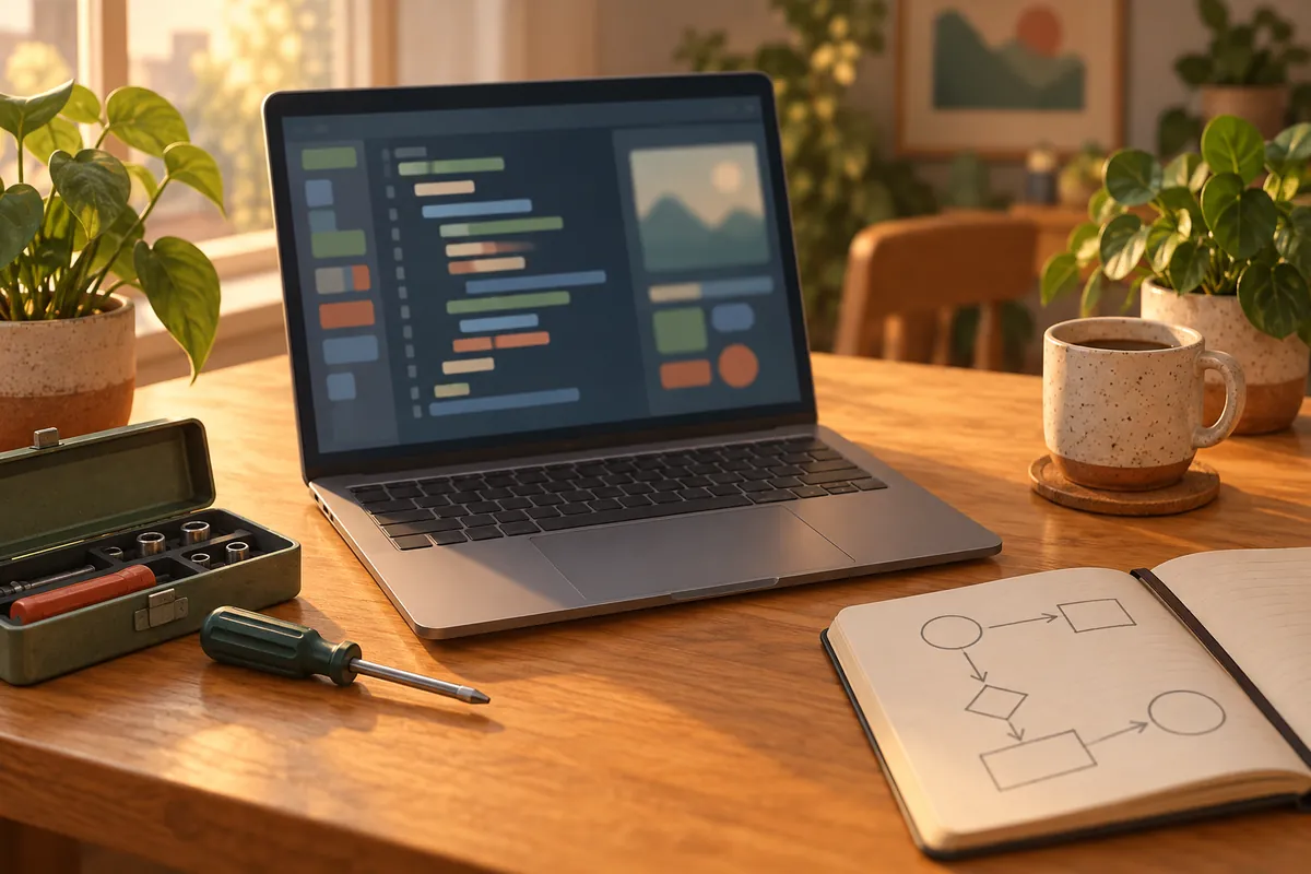 Illustrated desk with a laptop showing a colourful code editor, an open toolbox, a screwdriver and a notebook with a flow diagram