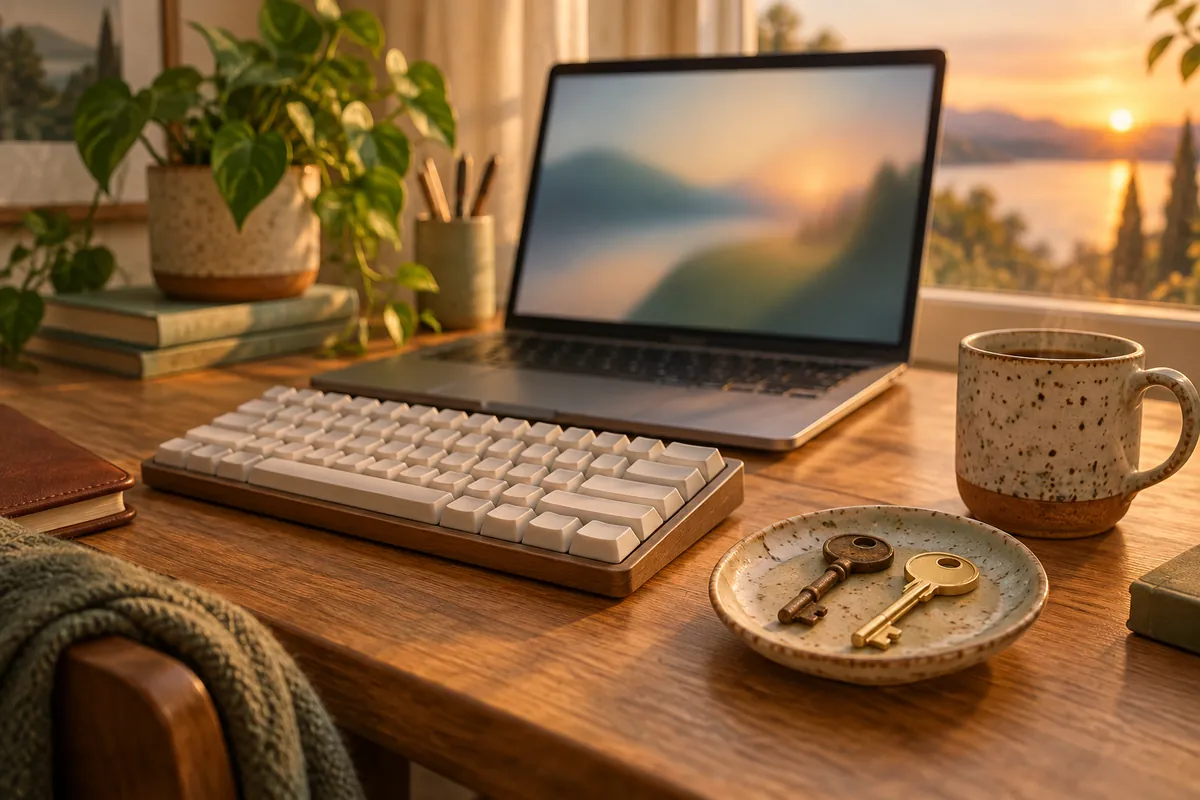Illustrated wooden desk with a laptop, a keyboard and an old brass key beside a new key on a ceramic dish
