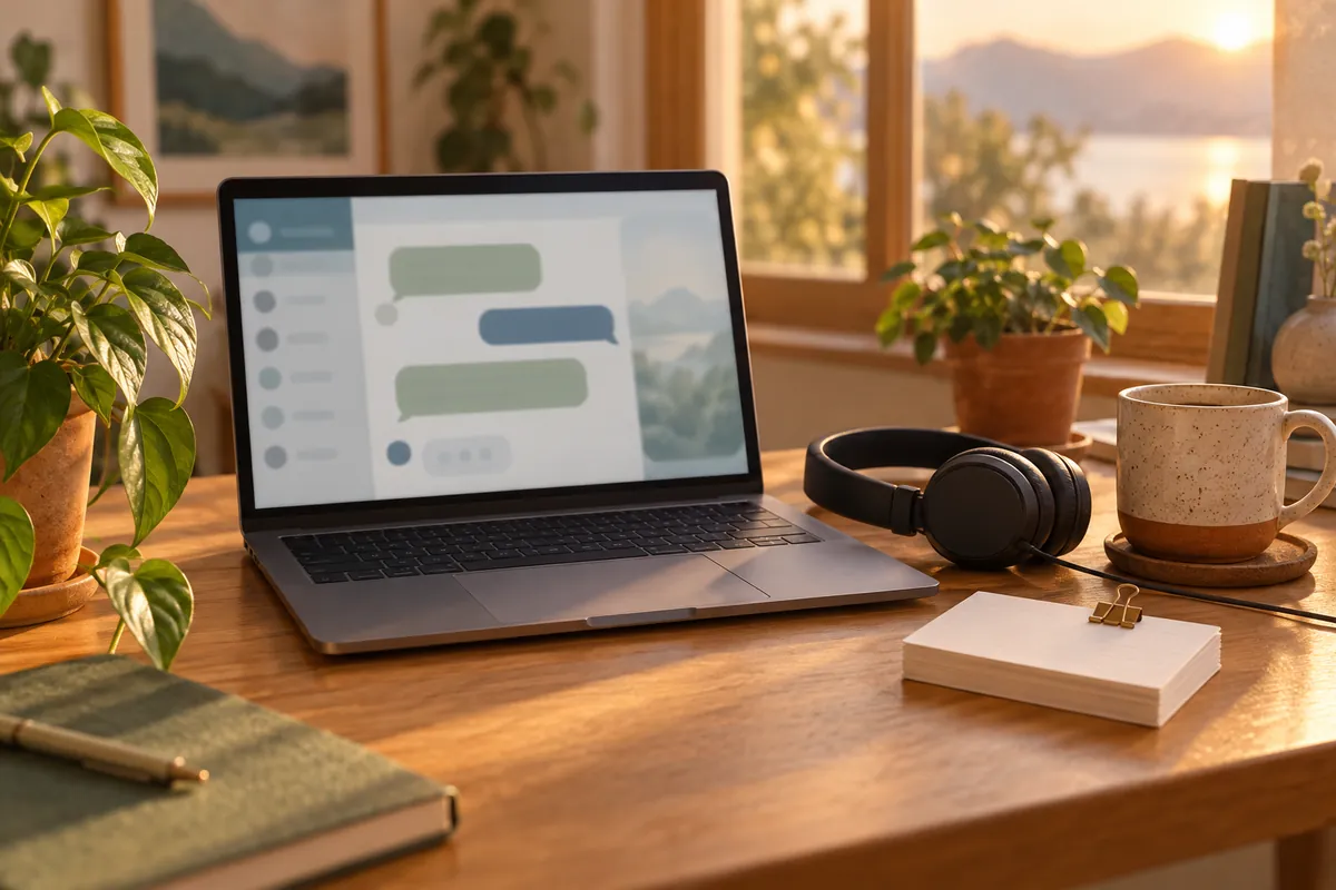 Illustrated desk with a laptop showing chat bubbles, a pair of headphones and a clipped stack of index cards