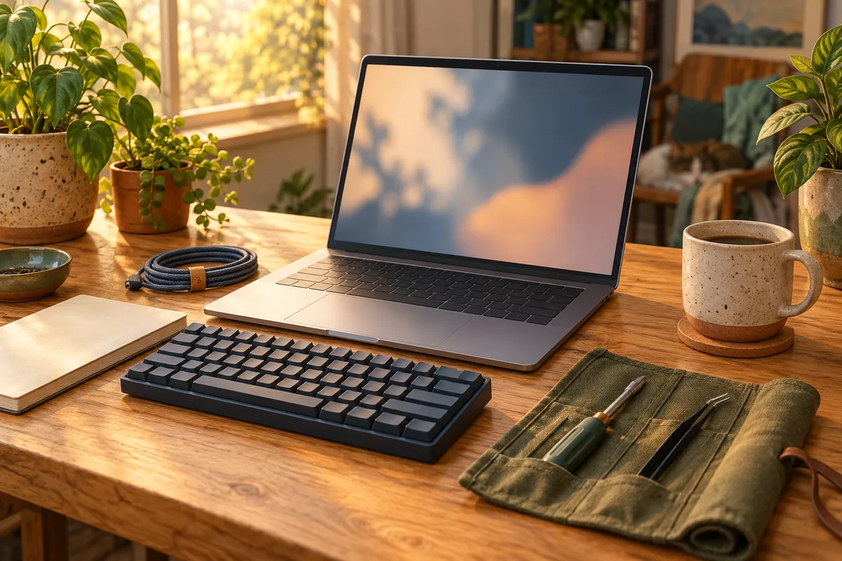 Illustrated desk with a laptop, a keyboard and an open canvas tool roll with a small screwdriver and tweezers