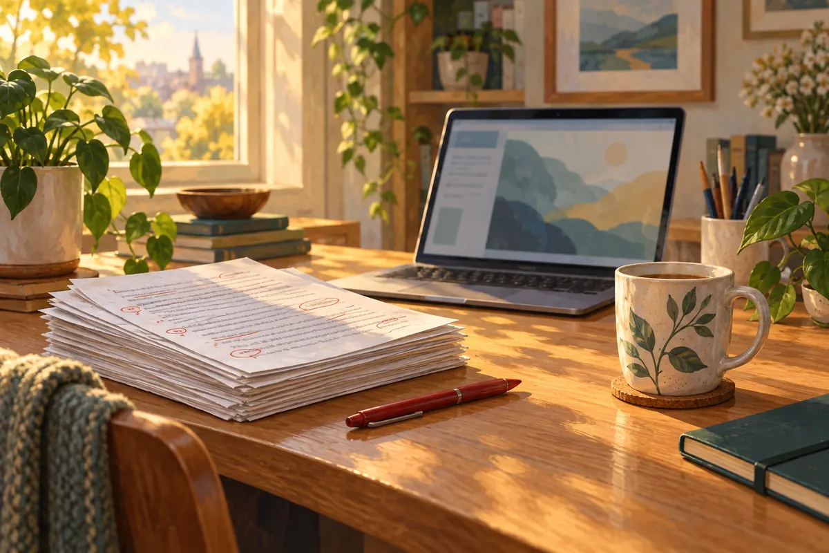 Illustrated teacher’s desk with a laptop, a stack of marked essays and a red pen
