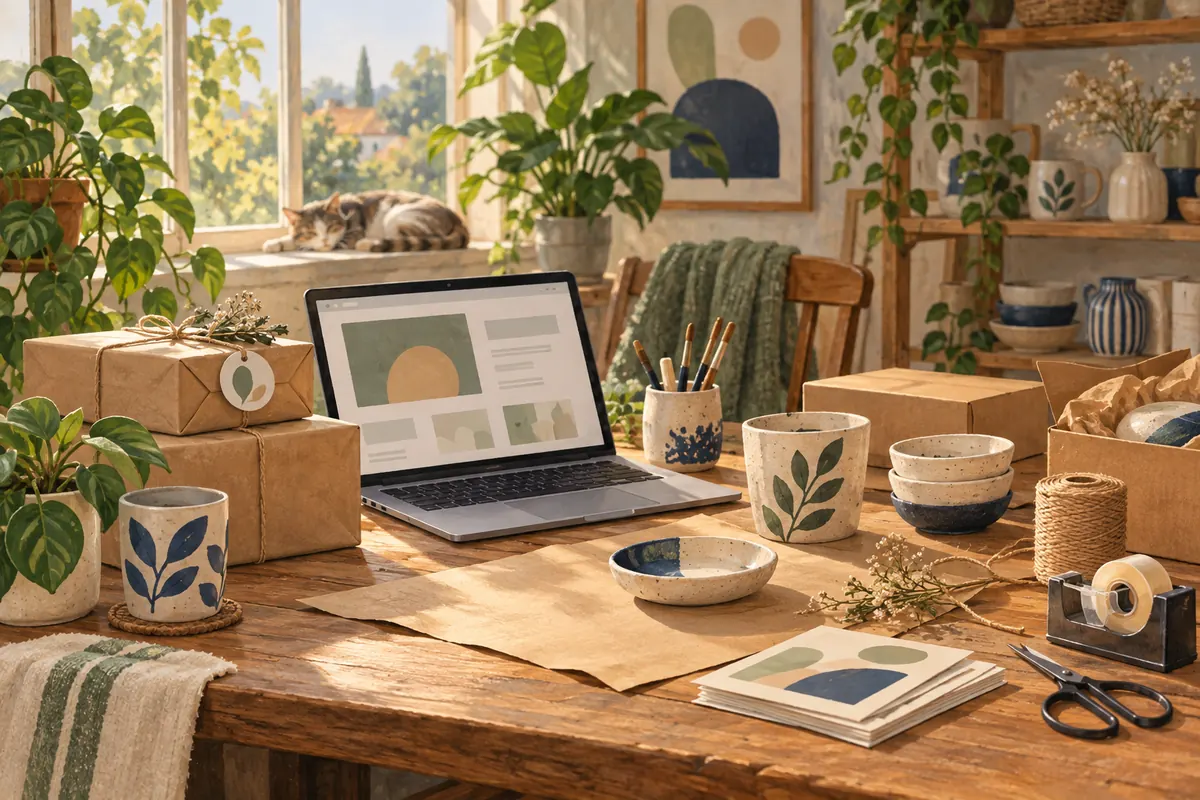 Illustrated craft seller’s workbench with a laptop, kraft parcels and packing tape