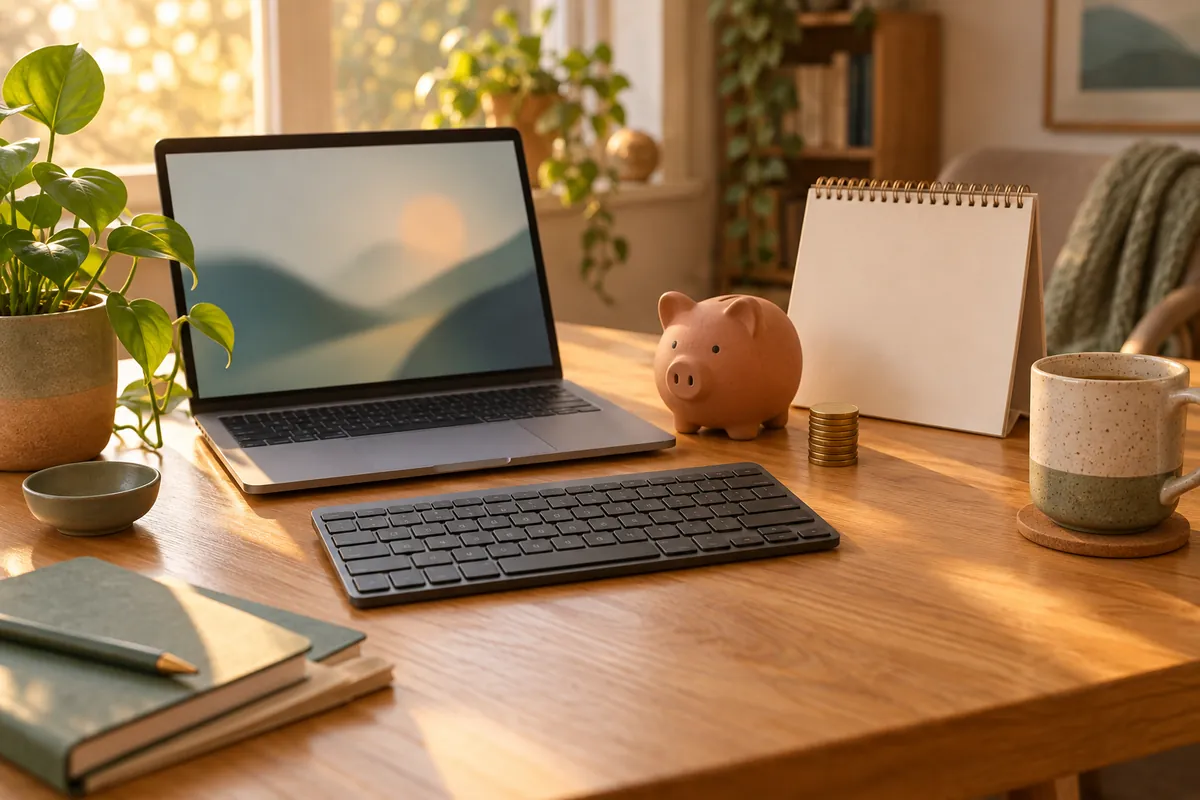 Illustrated desk with a laptop, a keyboard, a terracotta piggy bank, a stack of coins and a blank desk calendar