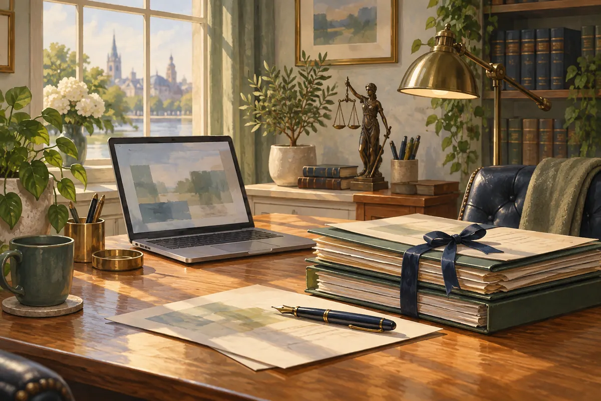 Illustrated law office desk with a laptop, case folders and a fountain pen