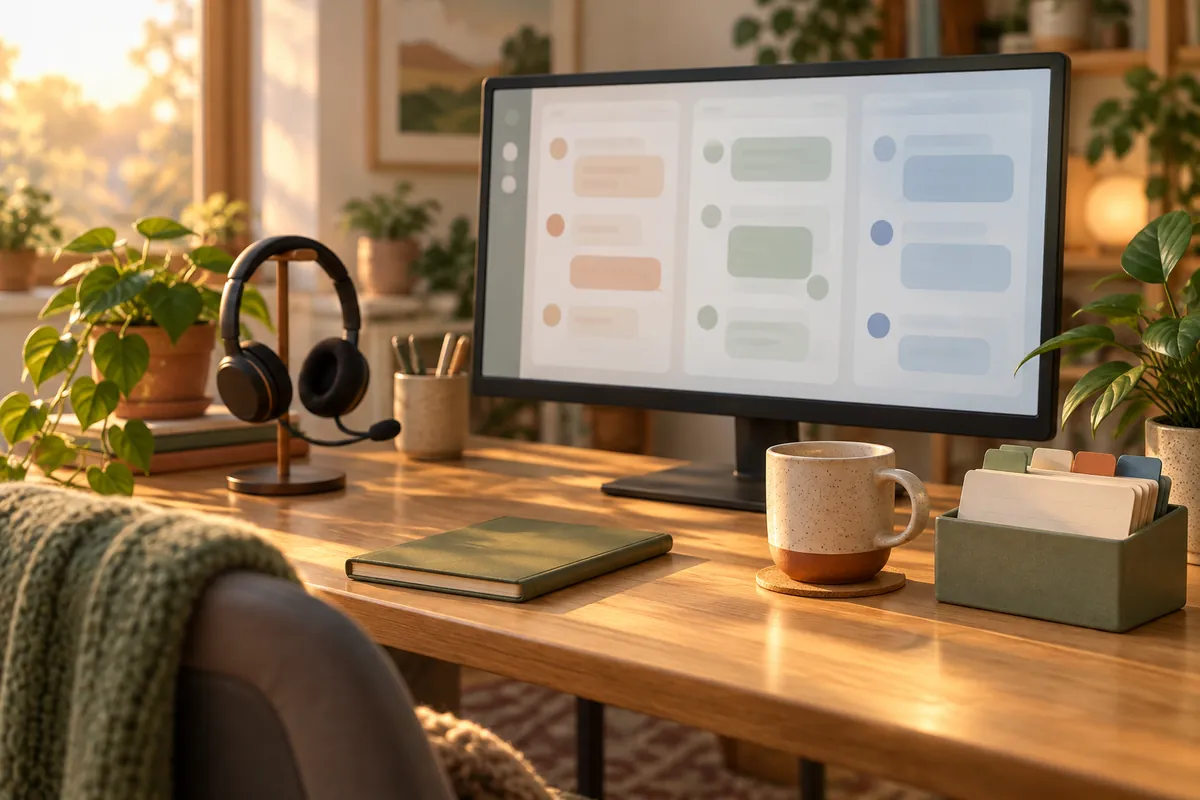 Illustrated support desk with a monitor showing chat bubbles, a headset on a stand and a box of tabbed index cards