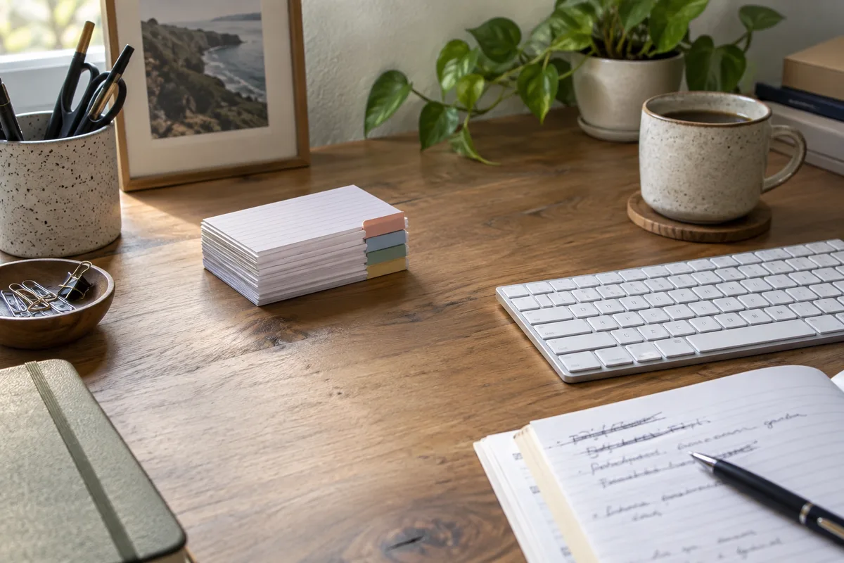 Keyboard beside organised shortcut notes