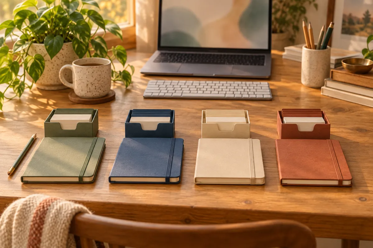 Illustrated desk with a laptop and four index-card boxes and notebooks in different colours lined up side by side