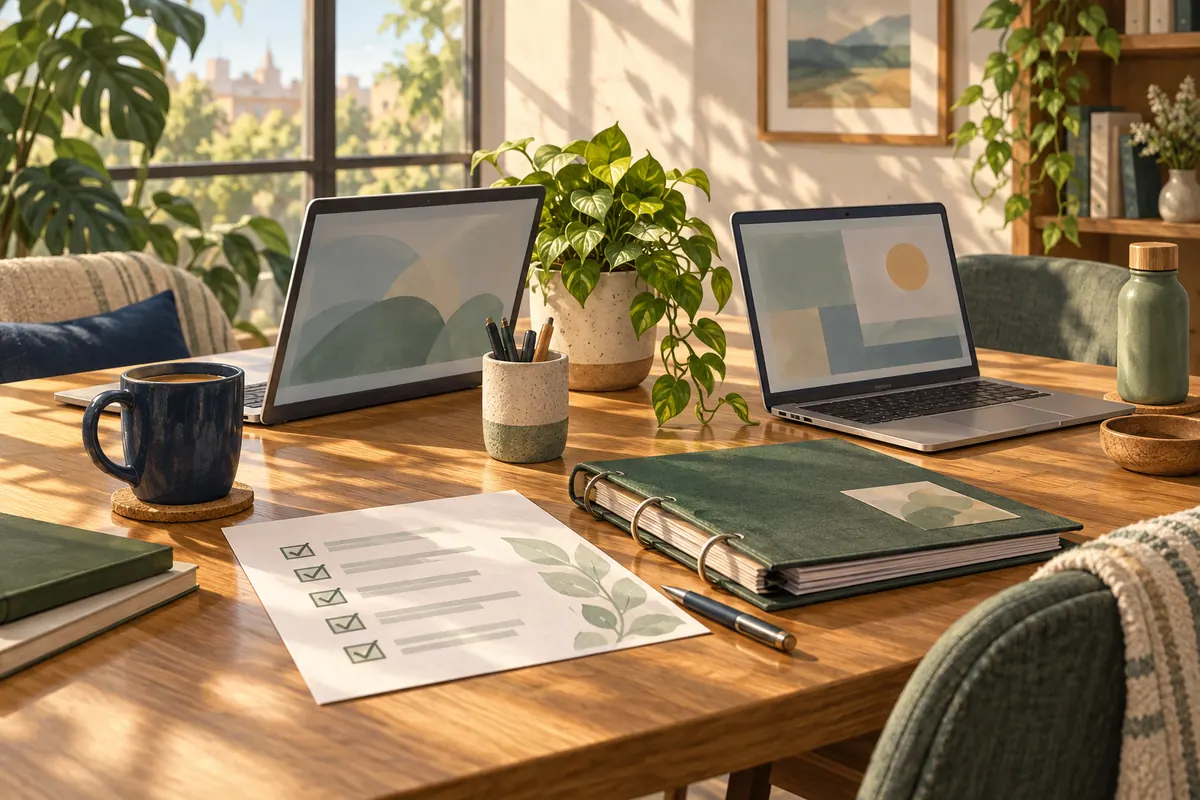 Illustrated shared office desk with two laptops, a printed checklist and a ring binder