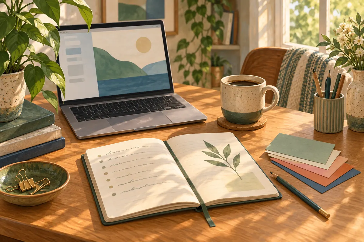 Illustrated desk with a laptop, a notebook of handwritten lists and coloured index cards