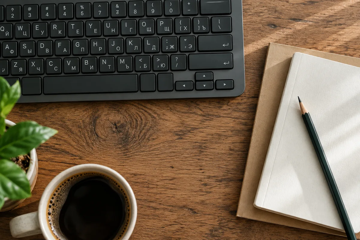 Multilingual keyboard beside two notebooks