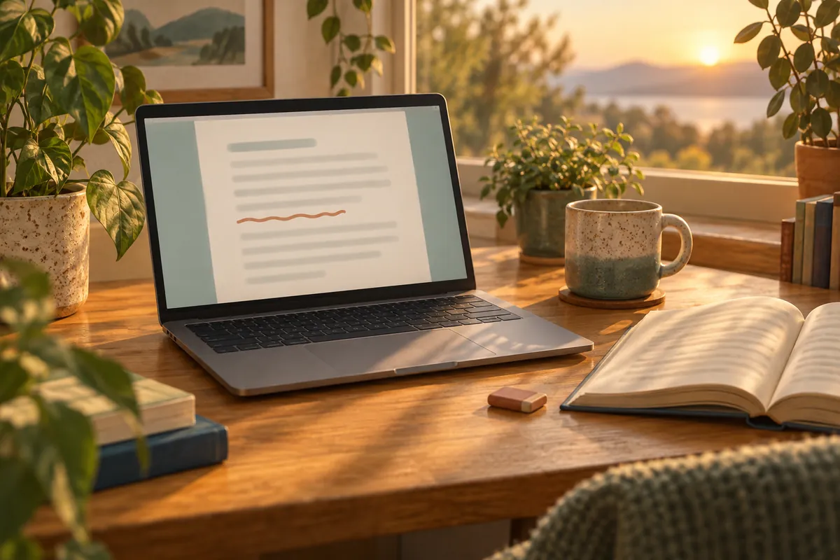 Illustrated desk with a laptop showing a document with one wavy underline, an open dictionary and an eraser