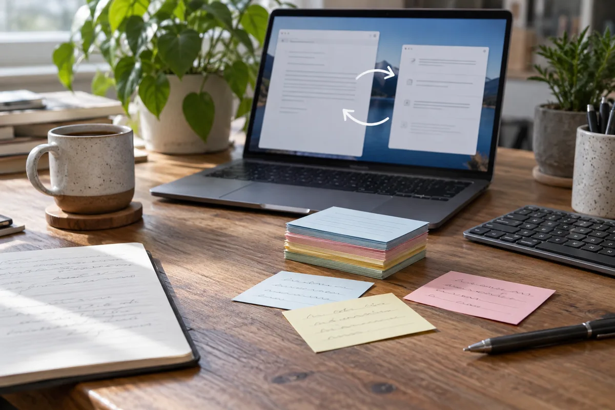 Laptop and keyboard beside organised paper shortcut cards and a draft document