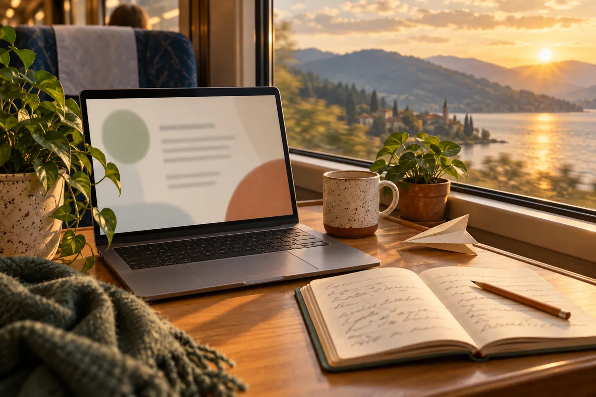Illustrated train-window desk with a laptop, a folded paper plane, an open notebook and a ceramic mug