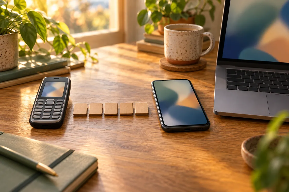 Illustrated desk with an old keypad phone, a smartphone, a laptop and a row of blank wooden letter tiles