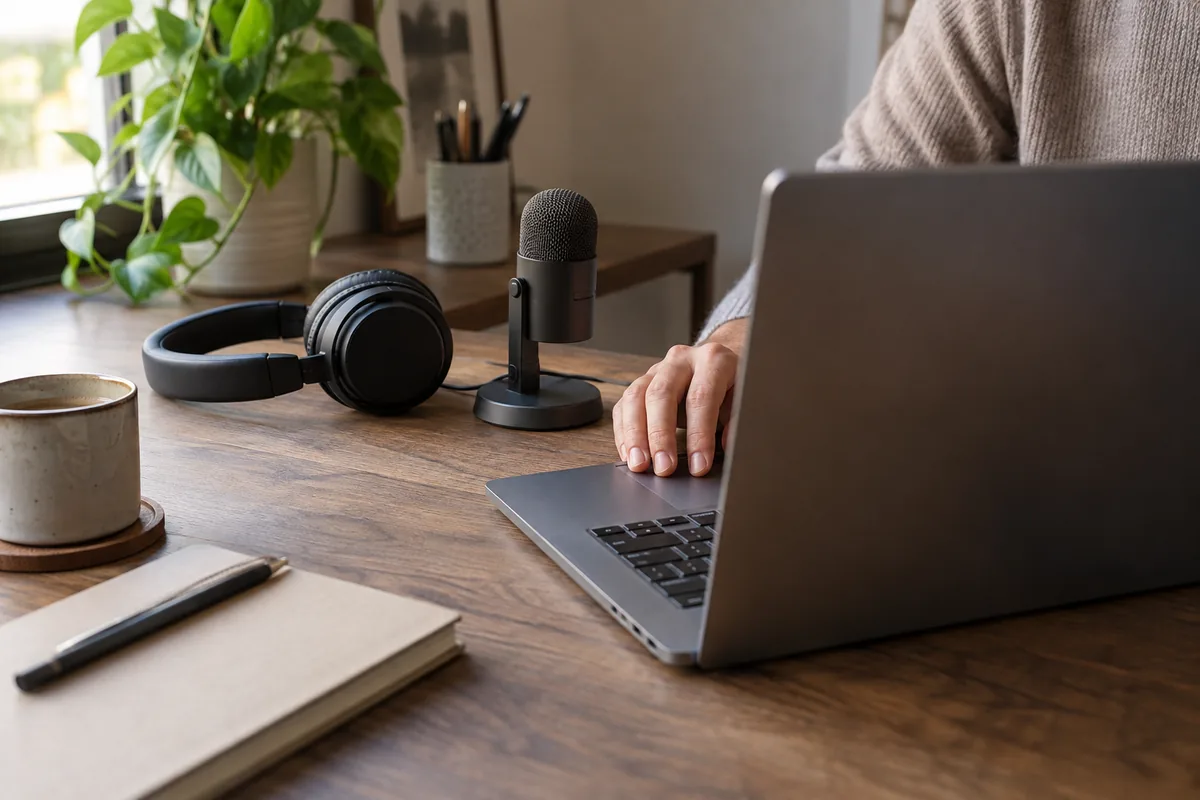 Hands at a laptop beside a microphone and headset