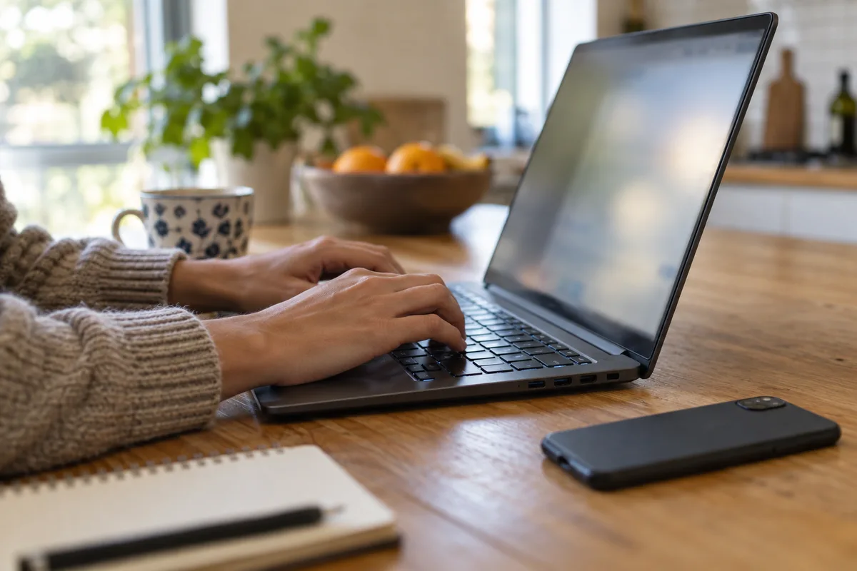 Hands typing a desktop message with a phone nearby