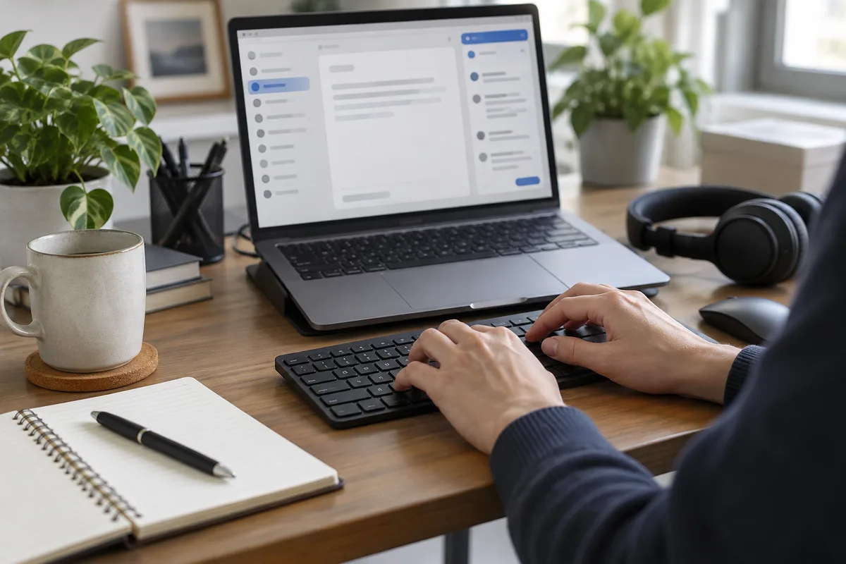 Hands typing a work message at a laptop with a keyboard, notebook and headset
