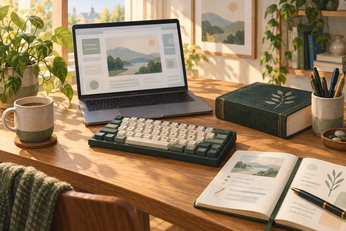 Laptop on a desk beside a keyboard with extra key labels, a bilingual dictionary and a notebook