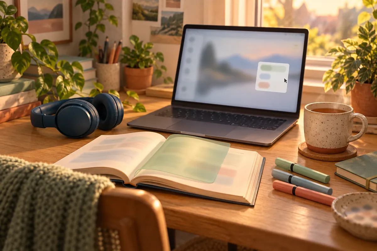 Illustrated study desk with a laptop, headphones, a tinted reading overlay on an open book and highlighter pens